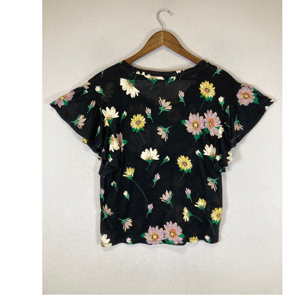 Cottagecore LOFT Women Size S Black Floral 100% Linen Flutter Sleeve Scoop Neck - Picture 2 of 9